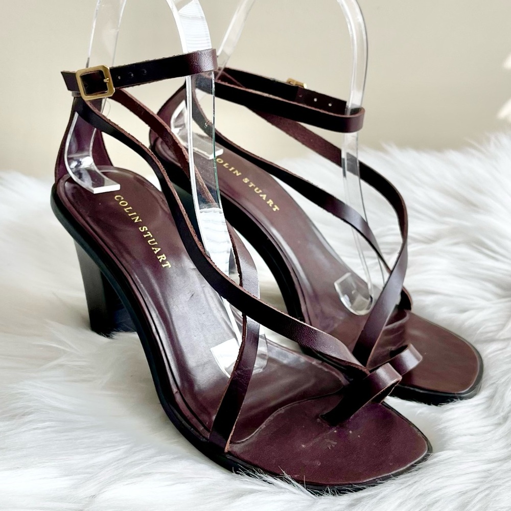 Colin Stuart Leather Cross Strap Mahogany Brown Heels